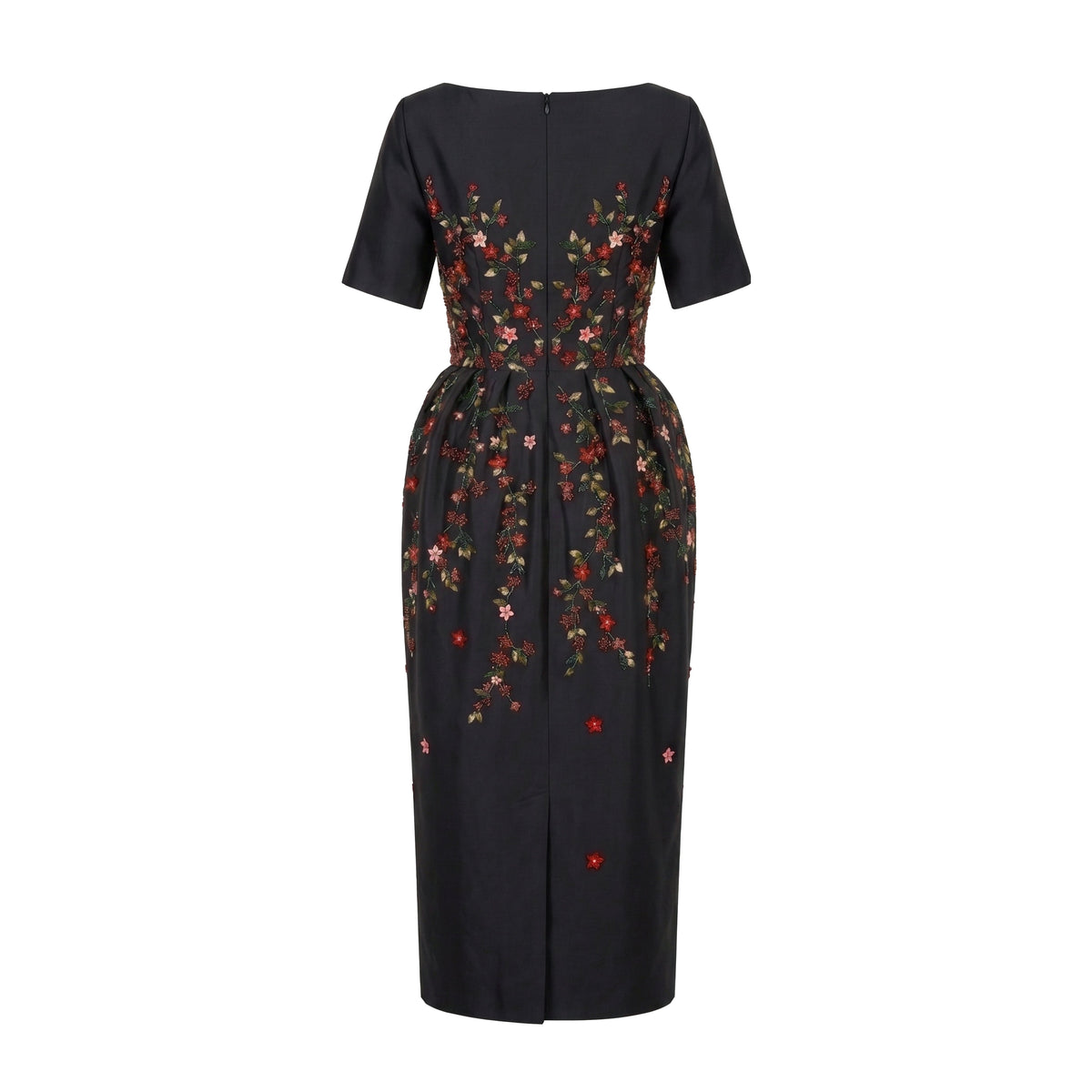 Frances Dress in Black Silk Wool with Red Floral Embellishment