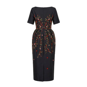 Frances Dress in Black Silk Wool with Red Floral Embellishment