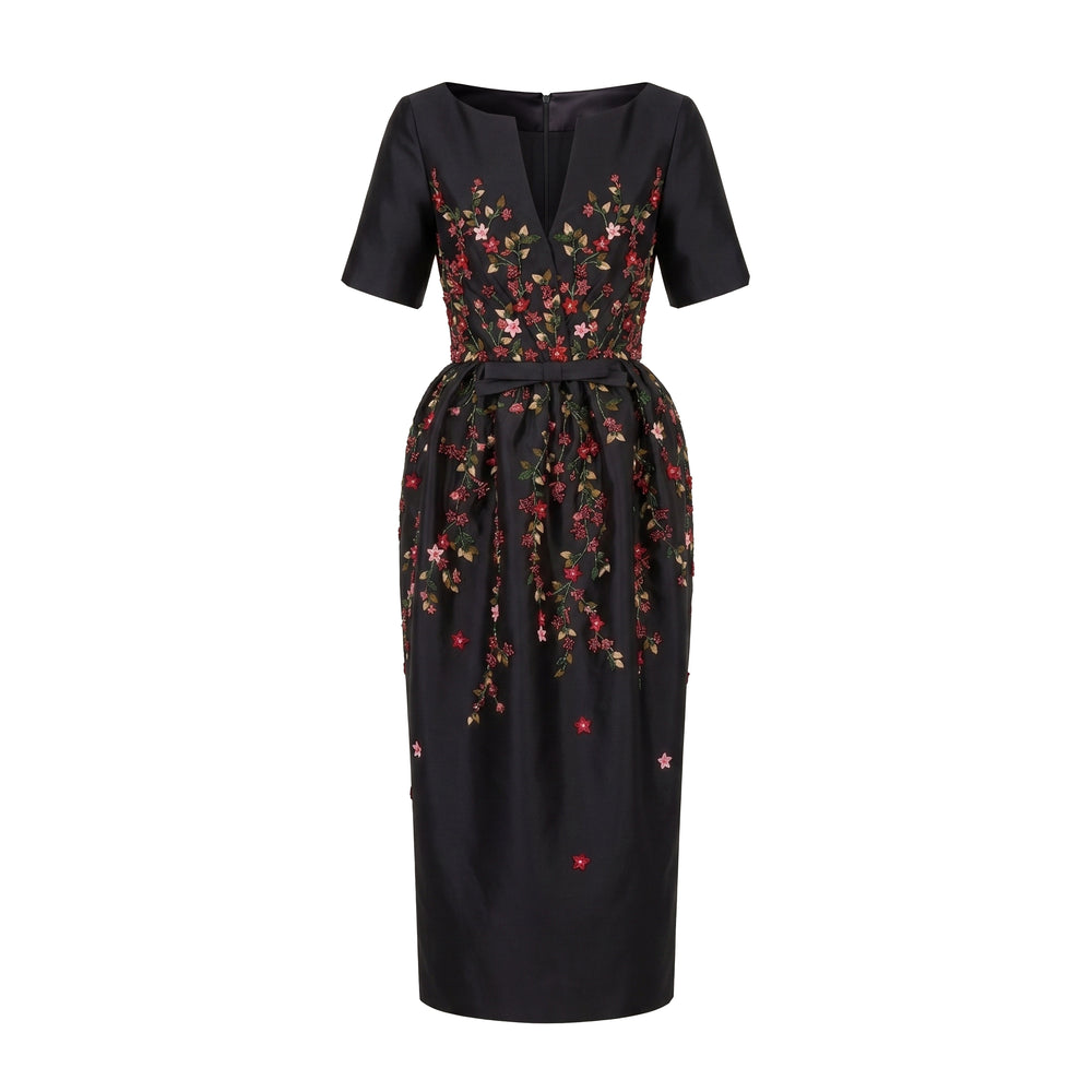 Frances Dress in Black Silk Wool with Red Floral Embellishment