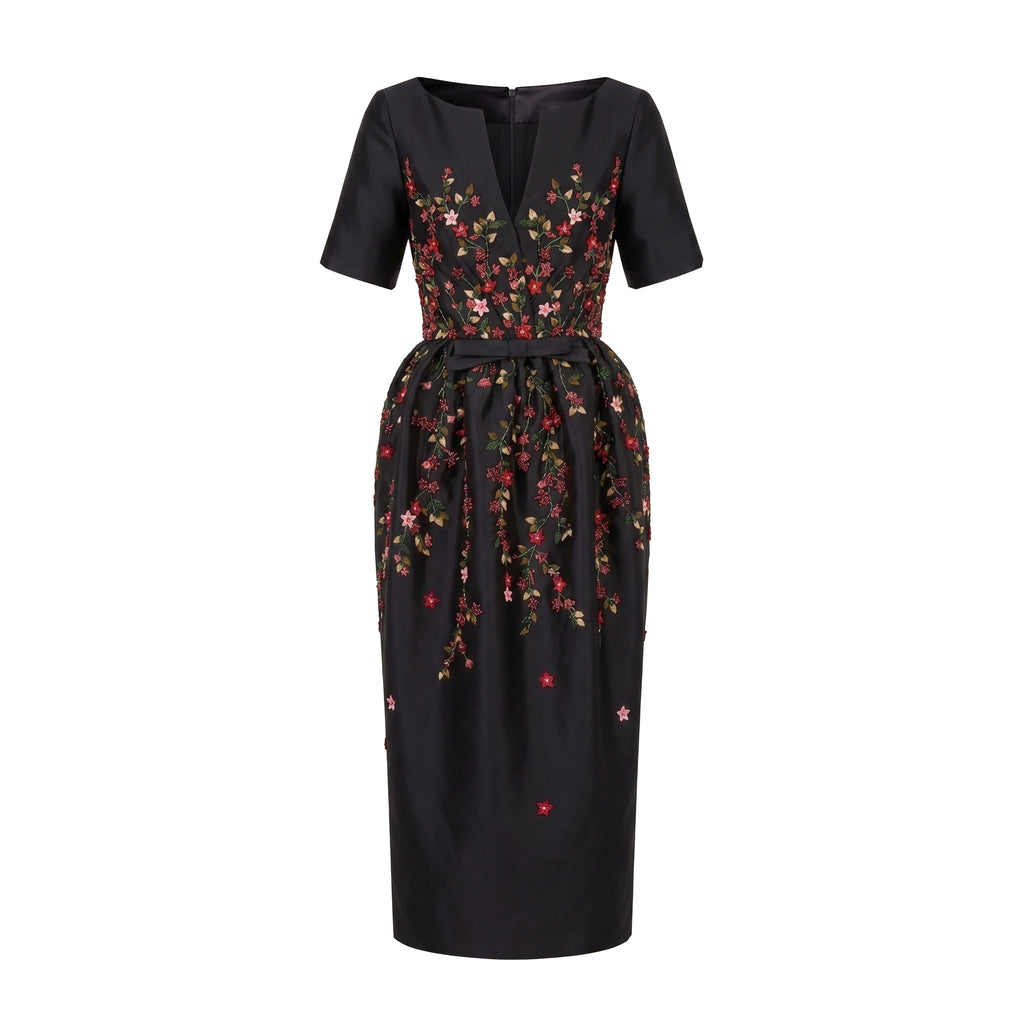 Frances Dress in Black Silk Wool with Red Floral Embellishment
