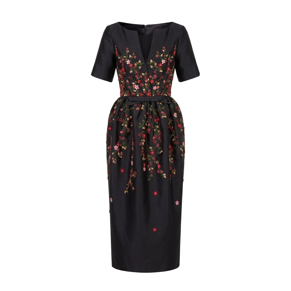 Frances Dress in Black Silk Wool with Red Floral Embellishment