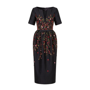 Frances Dress in Black Silk Wool with Red Floral Embellishment