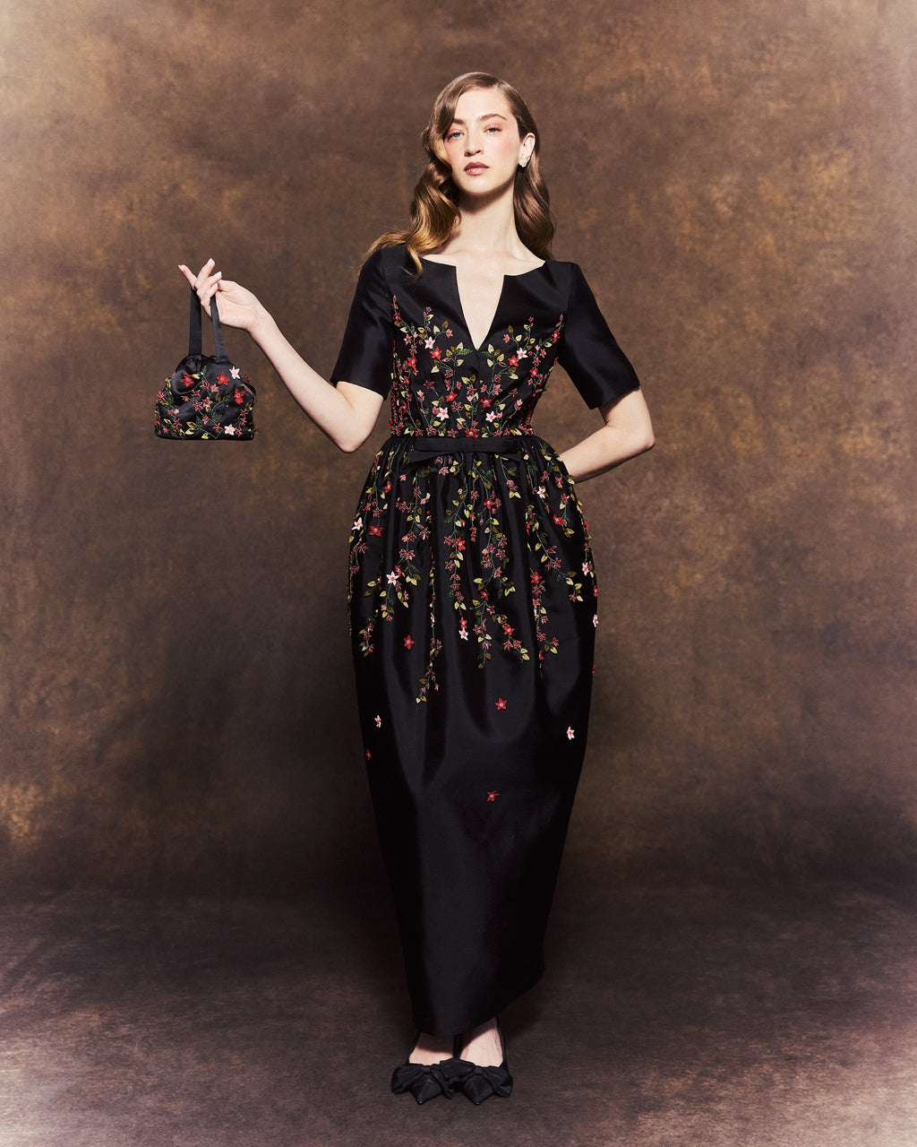 Frances Dress in Black Silk Wool with Red Floral Embellishment