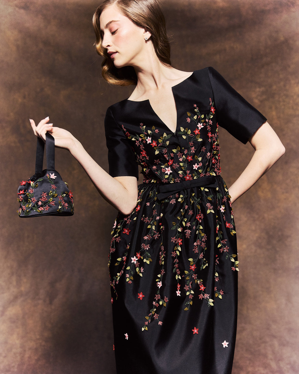 Frances Dress in Black Silk Wool with Red Floral Embellishment