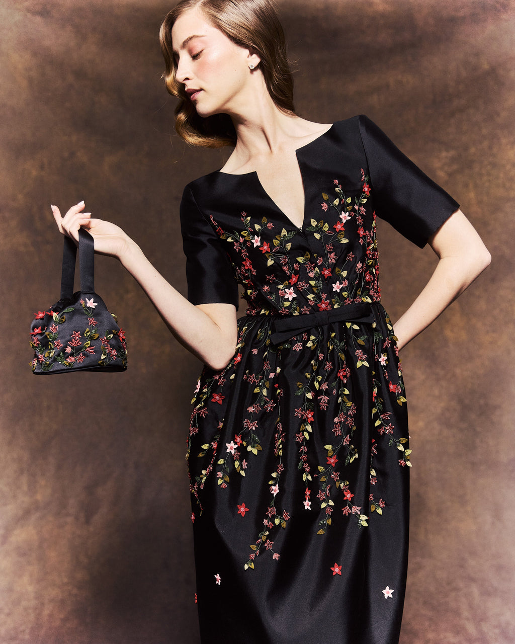 Piper Bucket Bag in Black Silk Wool with Red Floral Embellishment