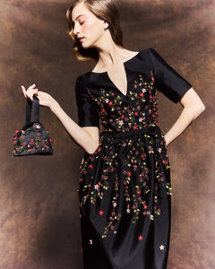 Piper Bucket Bag in Black Silk Wool with Red Floral Embellishment
