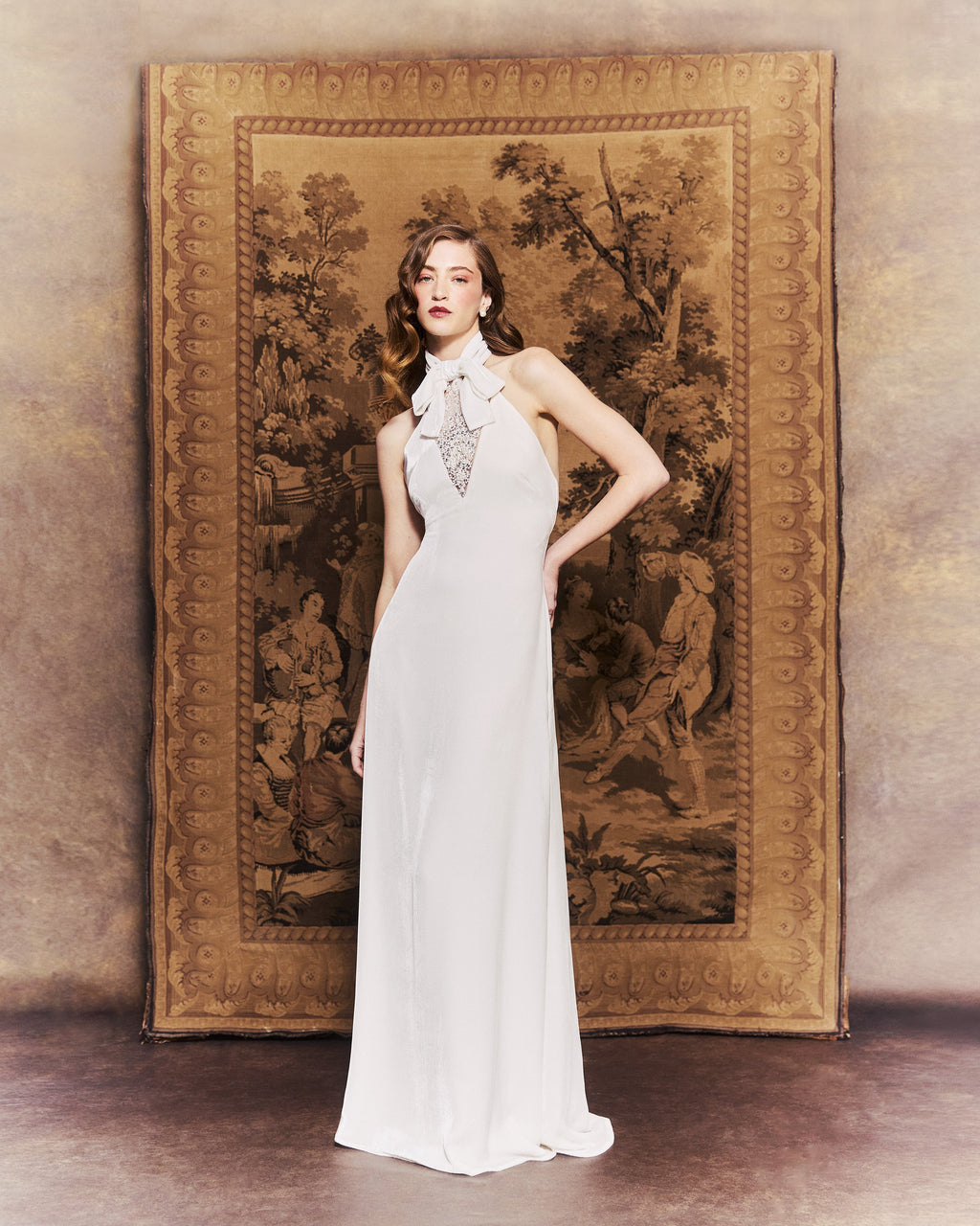 Reece Dress in Ivory Velvet with Embellishment