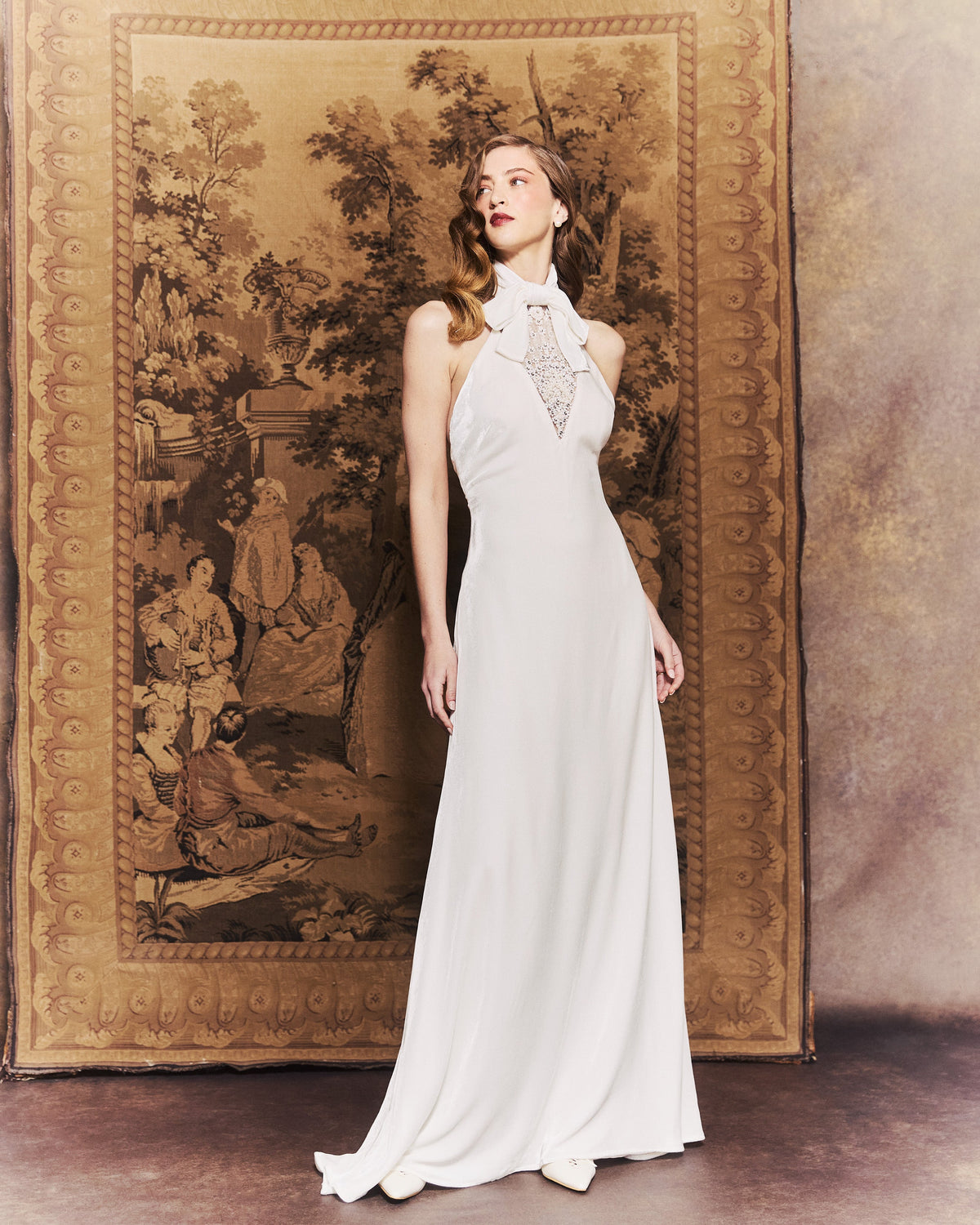 Reece Dress in Ivory Velvet with Embellishment