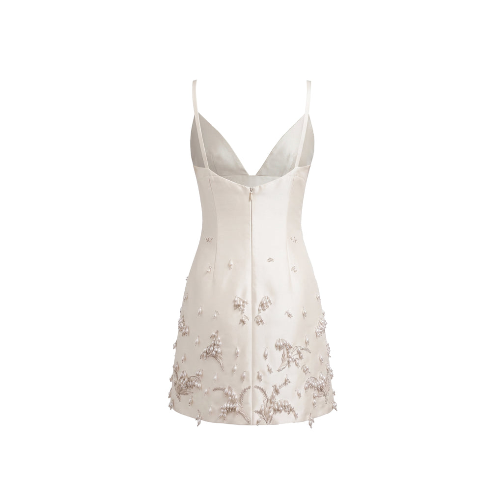 Nanette Dress in Ivory Silk Wool with Pearl Lily of the Valley Embellishment