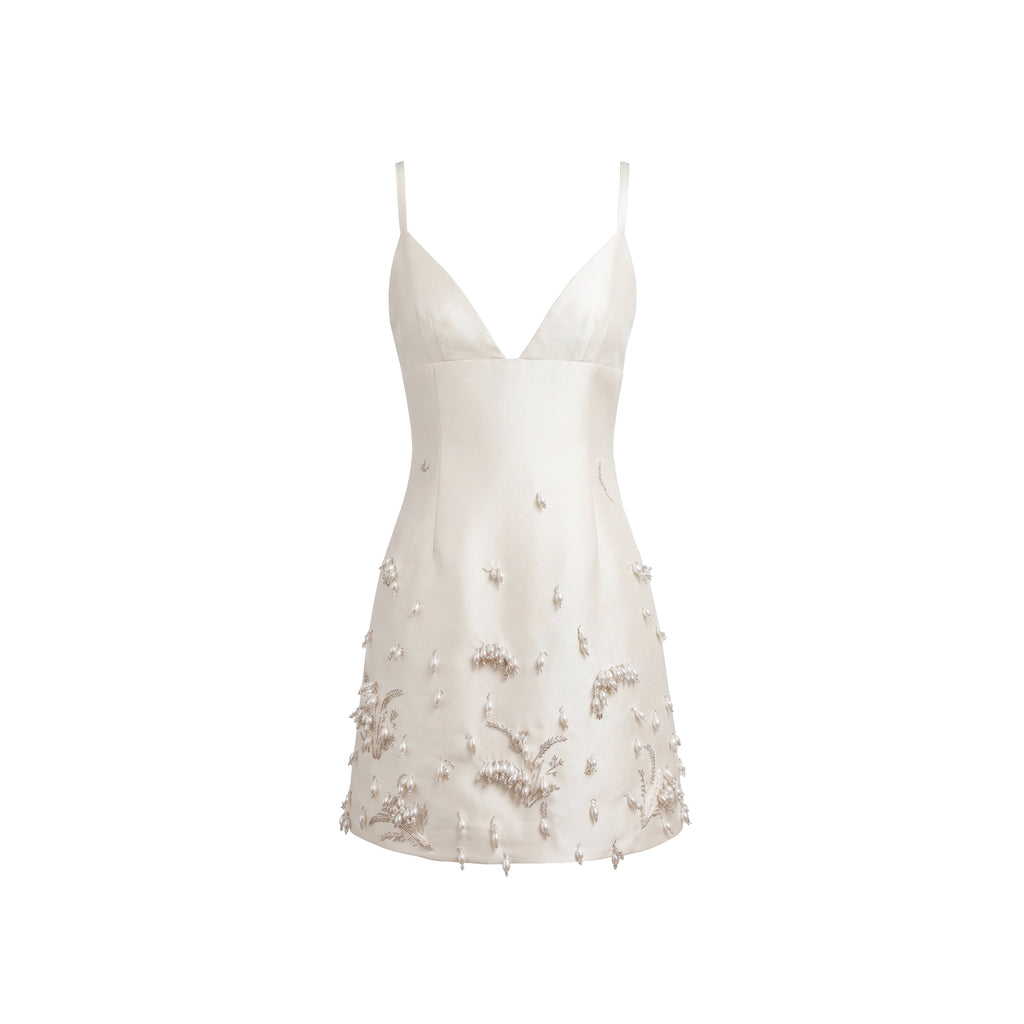 Nanette Dress in Ivory Silk Wool with Pearl Lily of the Valley Embellishment