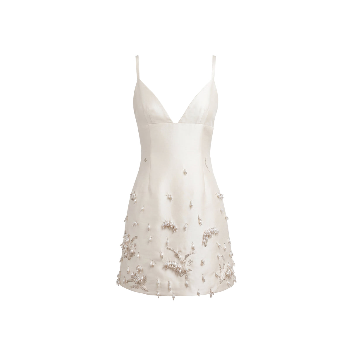 Nanette Dress in Ivory Silk Wool with Pearl Lily of the Valley Embellishment