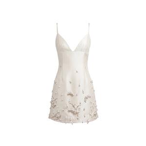 Nanette Dress in Ivory Silk Wool with Pearl Lily of the Valley Embellishment