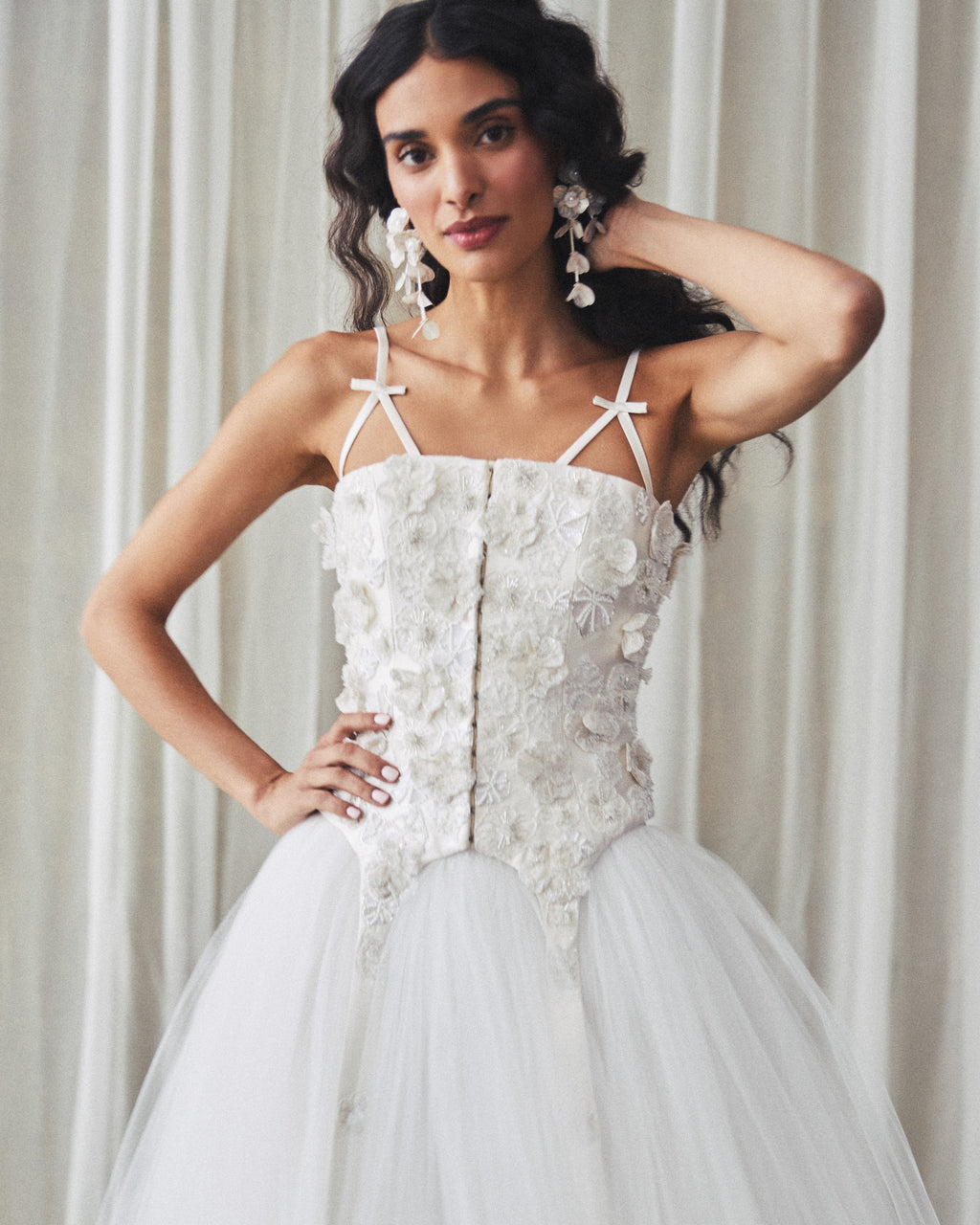 Selina Corset Top in Ivory Silk Wool with Leaf Cluster Embellishment