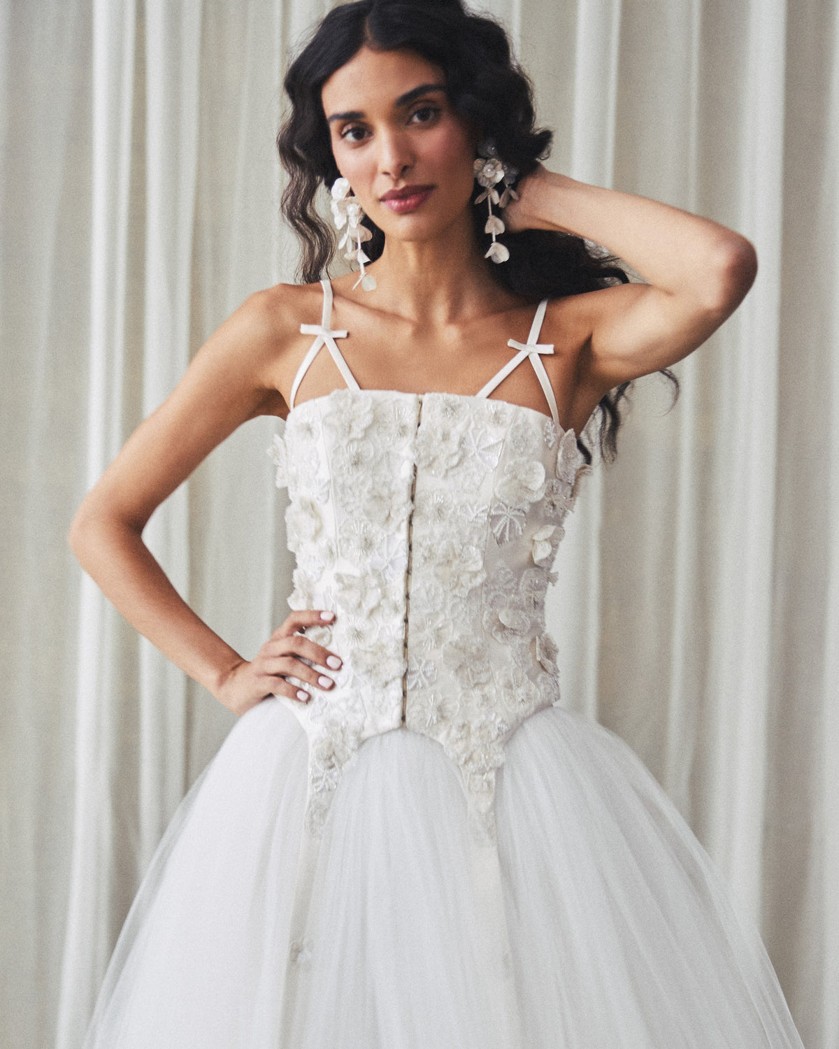 Selina Corset Top in Ivory Silk Wool with Leaf Cluster Embellishment