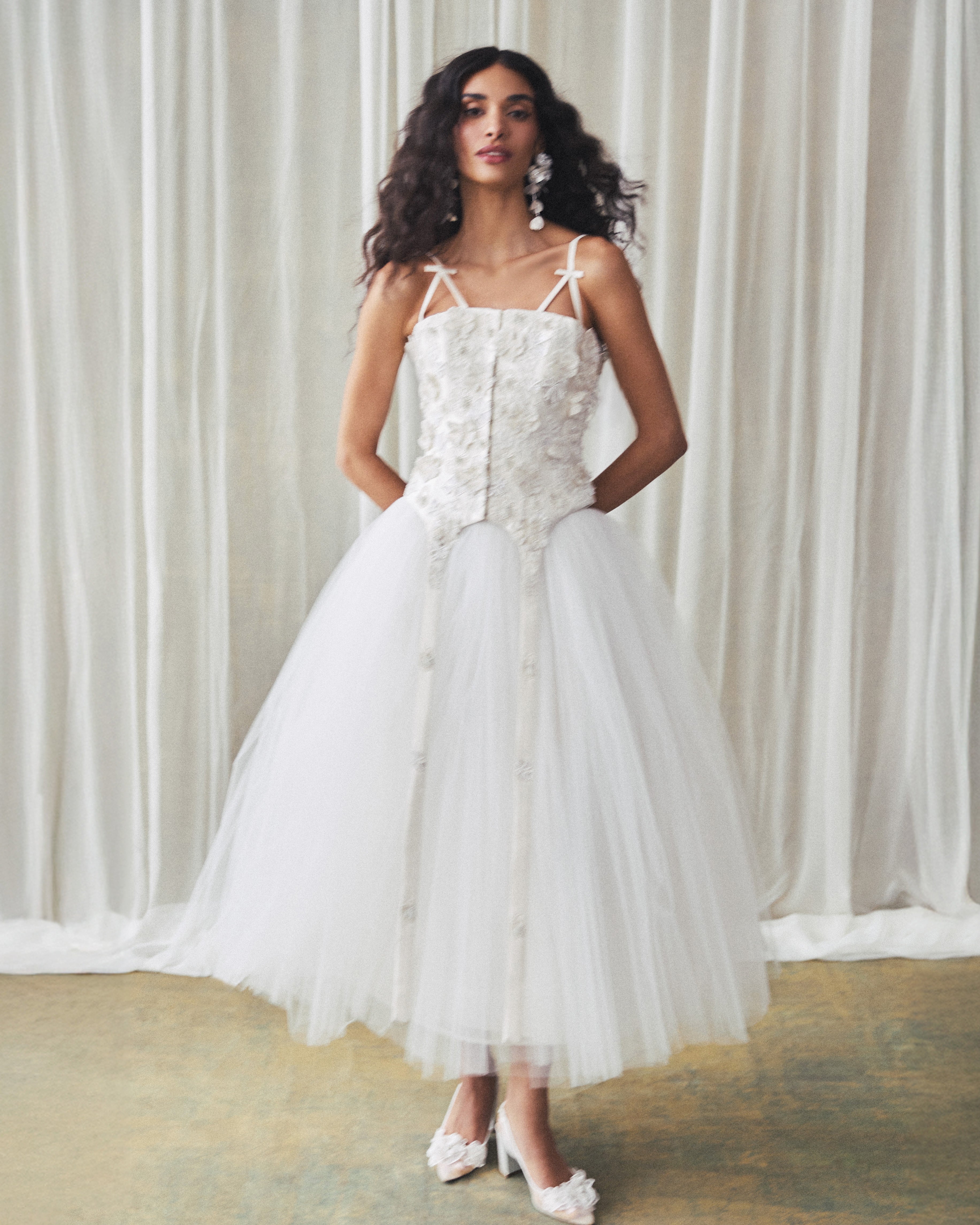 Selina Corset Top in Ivory Silk Wool with Leaf Cluster Embellishment