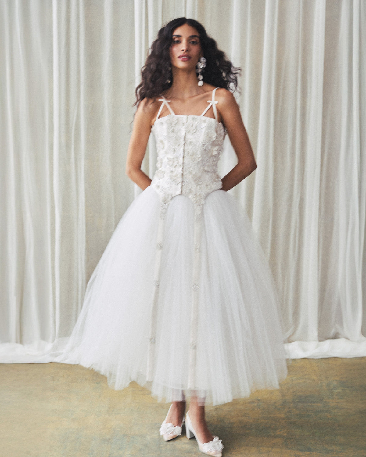 Selina Corset Top in Ivory Silk Wool with Leaf Cluster Embellishment