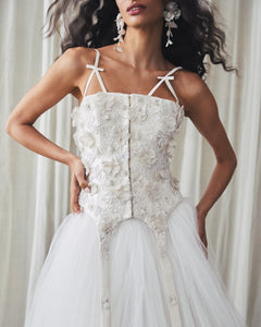 Selina Corset Top in Ivory Silk Wool with Leaf Cluster Embellishment