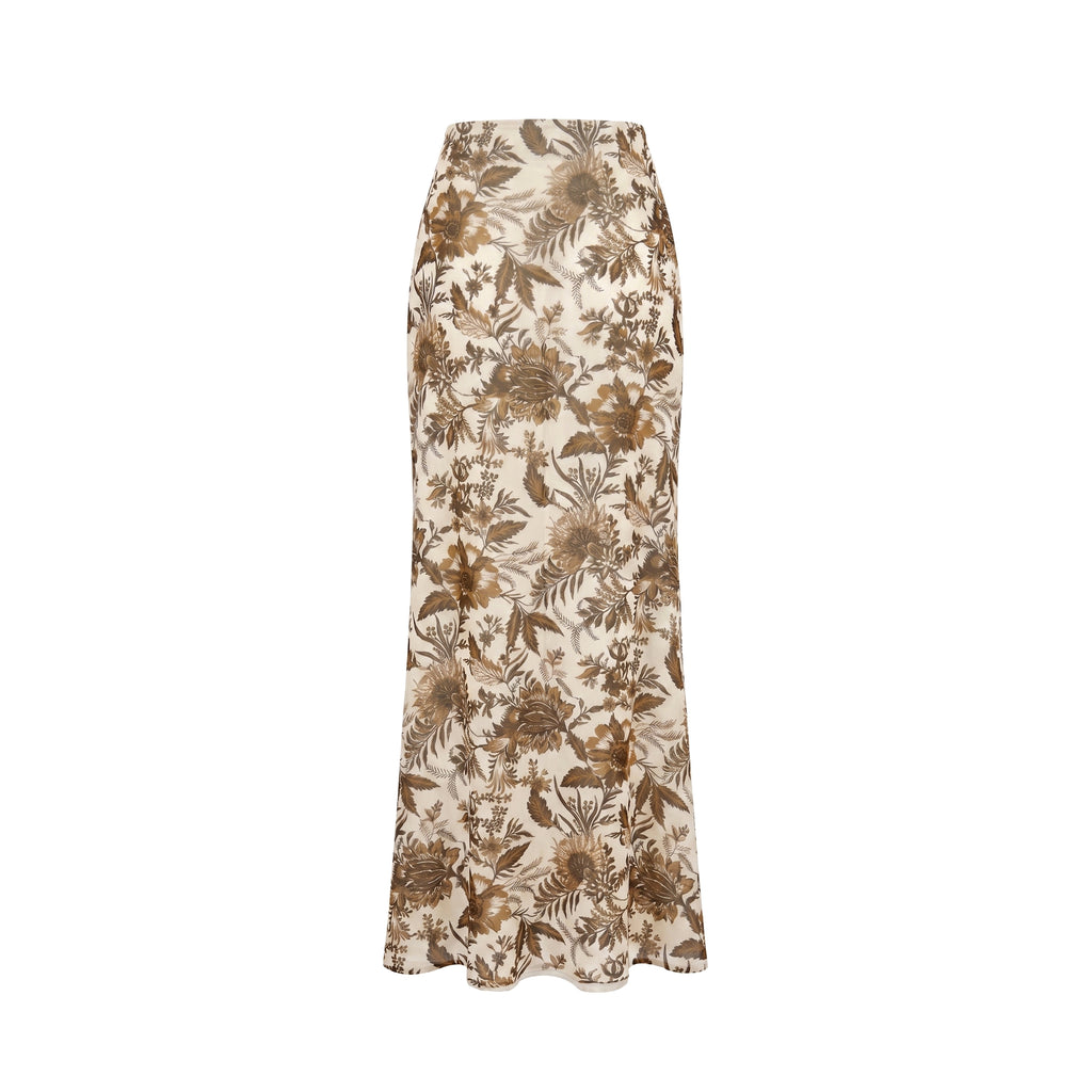 Rosamund Skirt in Hickory Jacobean Floral Silk Chiffon