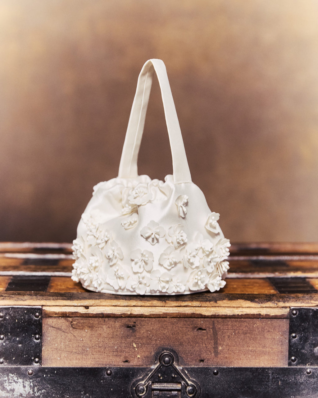 Piper Bucket Bag in Ivory Silk Wool with Petite Fabric Flowers