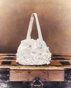 Piper Bucket Bag in Ivory Silk Wool with Petite Fabric Flowers