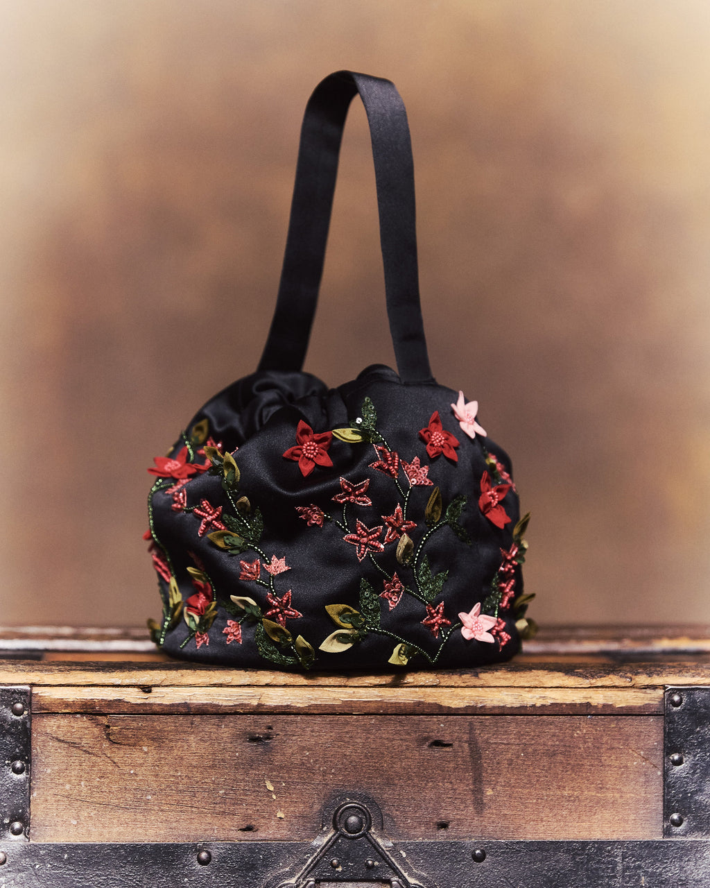 Piper Bucket Bag in Black Silk Wool with Red Floral Embellishment
