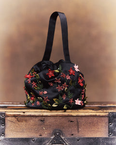 Piper Bucket Bag in Black Silk Wool with Red Floral Embellishment