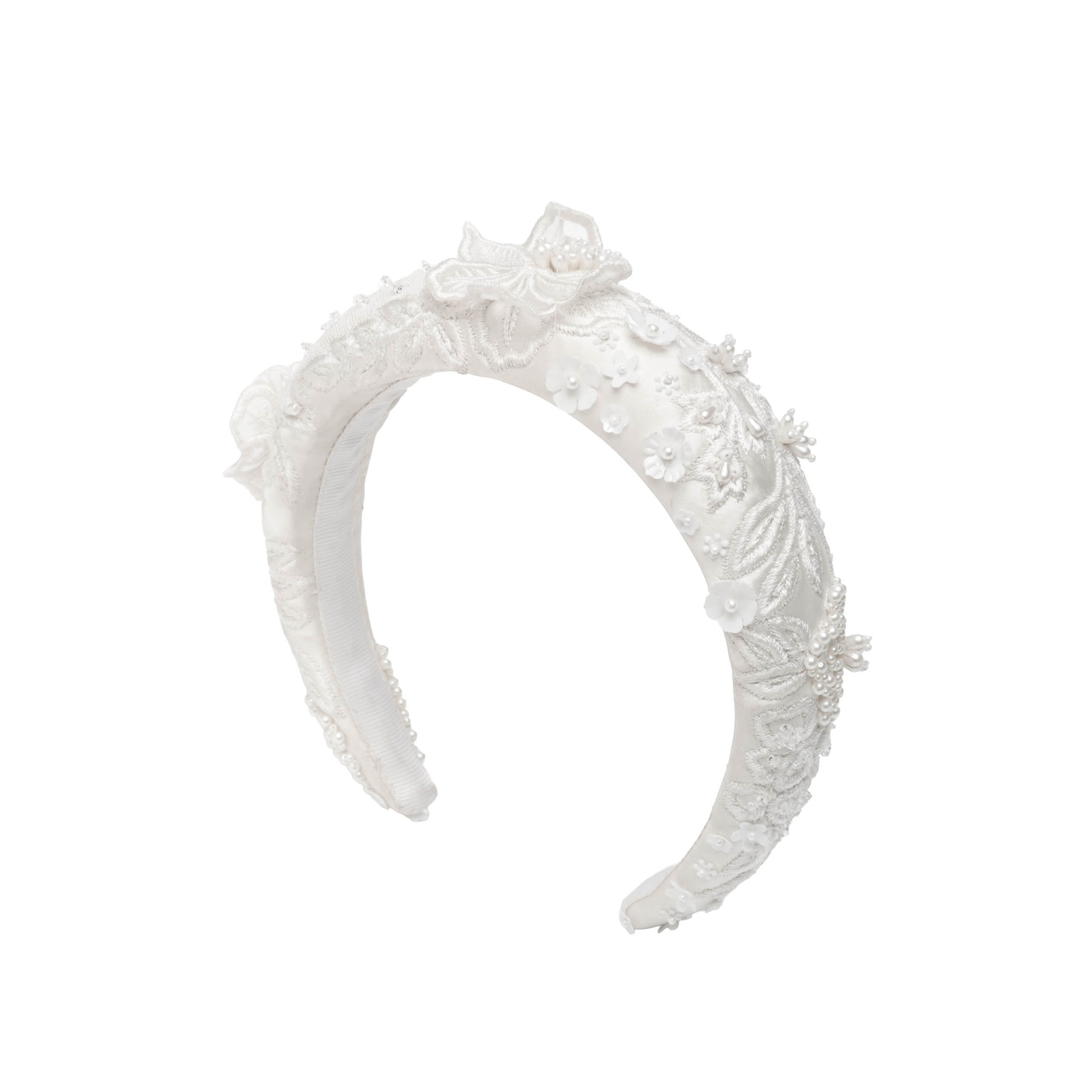Emma Headband in Ivory Silk Wool with 3D Lace Embellishment
