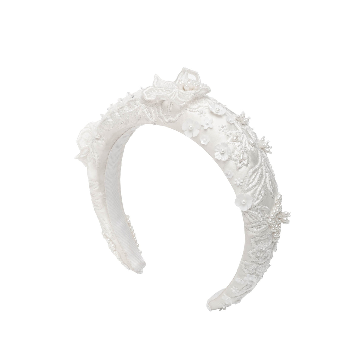 Emma Headband in Ivory Silk Wool with 3D Lace Embellishment