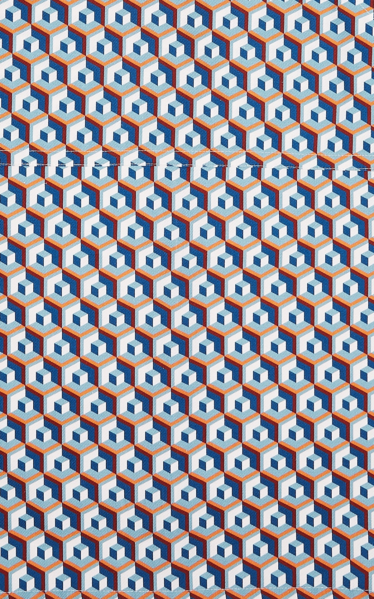 Close-up of Apron With Pocket showing Cubo Giallo Fuxsia Blue geometric cube print, canvas like texture and seam