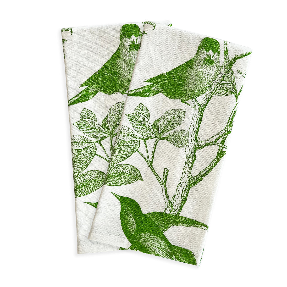 Top-down view of Arbor Birds Verde kitchen towels, set of 2 showing green bird-and-branch print on white background
