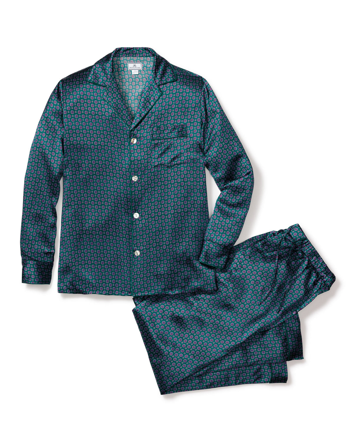Flat lay of Men’s Silk Pajama Set in Emerald Foulard showcasing buttoned shirt and matching pants on white