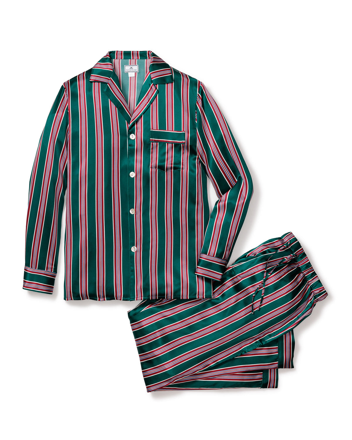 Flat lay of men’s silk Lancaster Stripe pajama set with green and red stripes, button shirt with pocket and matching pants on white
