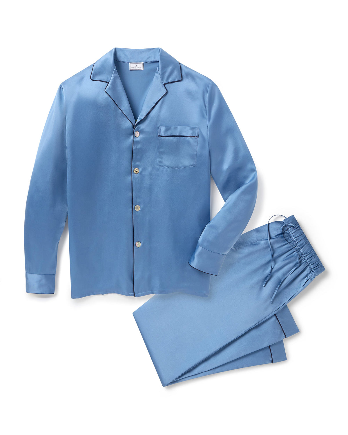 Front view of Men’s Silk Pajama Set in Mystique Blue showcasing piped collar and chest pocket with white background