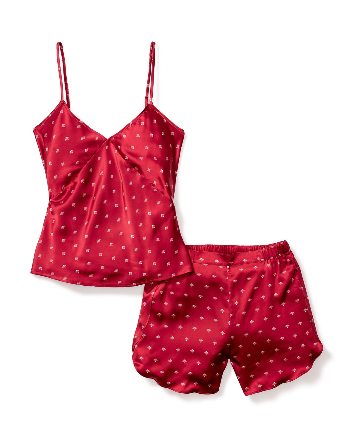 Front view of Women’s Silk Cami Short Set in Bordeaux Art Nouveau showcasing white fan motif on a white background