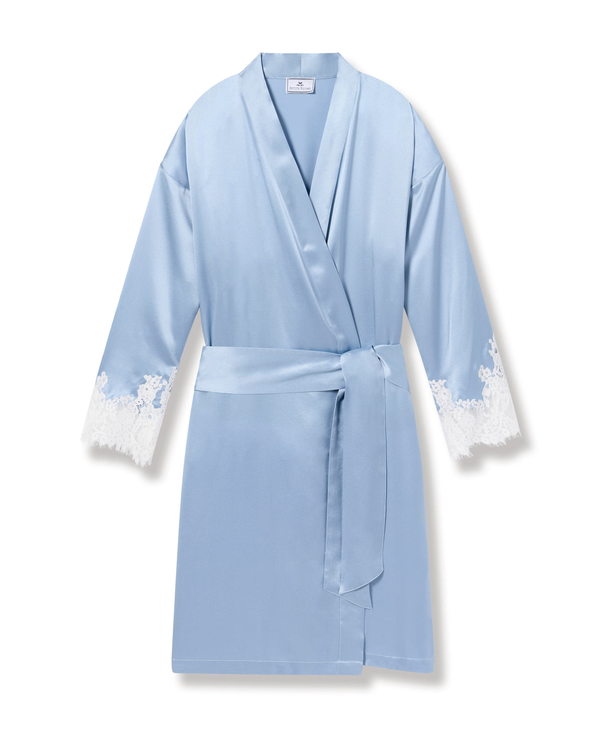 Front view of Women’s Silk Lace Robe in Periwinkle showcasing lace cuff accents with a white background