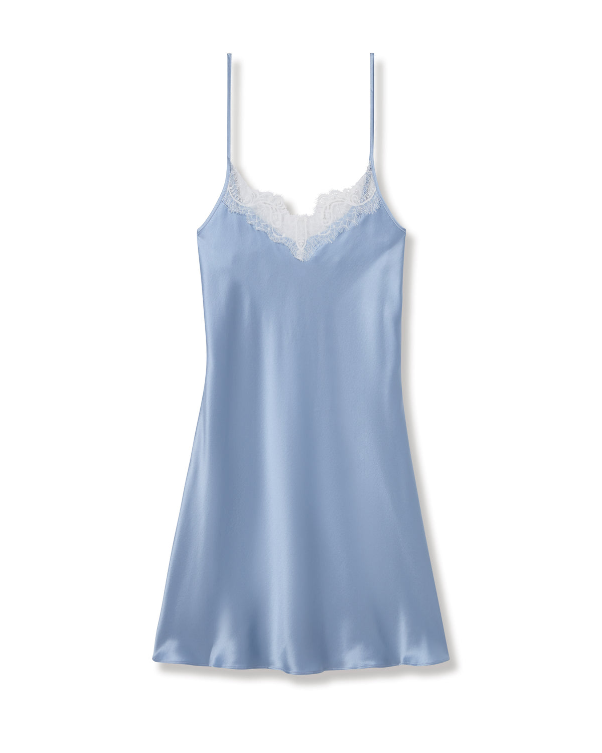 Front view of Women’s Silk Lace Slip Dress in Periwinkle showcasing lace bust detail and spaghetti straps on white background