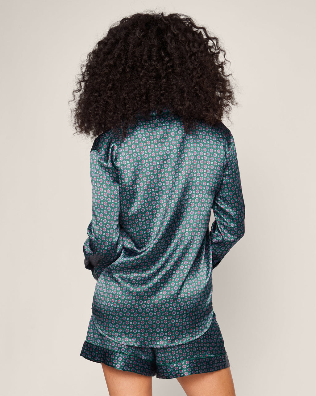 Women’s Silk Long Sleeve Short Set in Emerald Foulard
