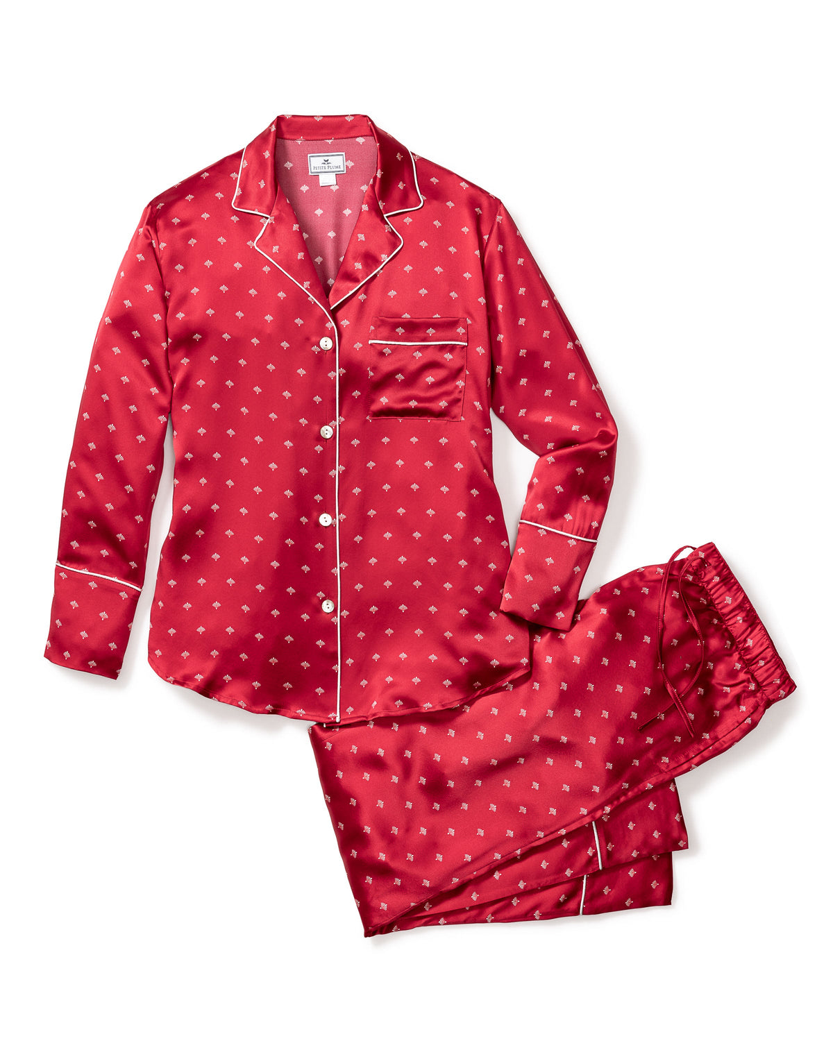 Overhead view of Women’s Silk Pajama Set in Bordeaux Art Nouveau showcasing white piping and pocket details on a white background