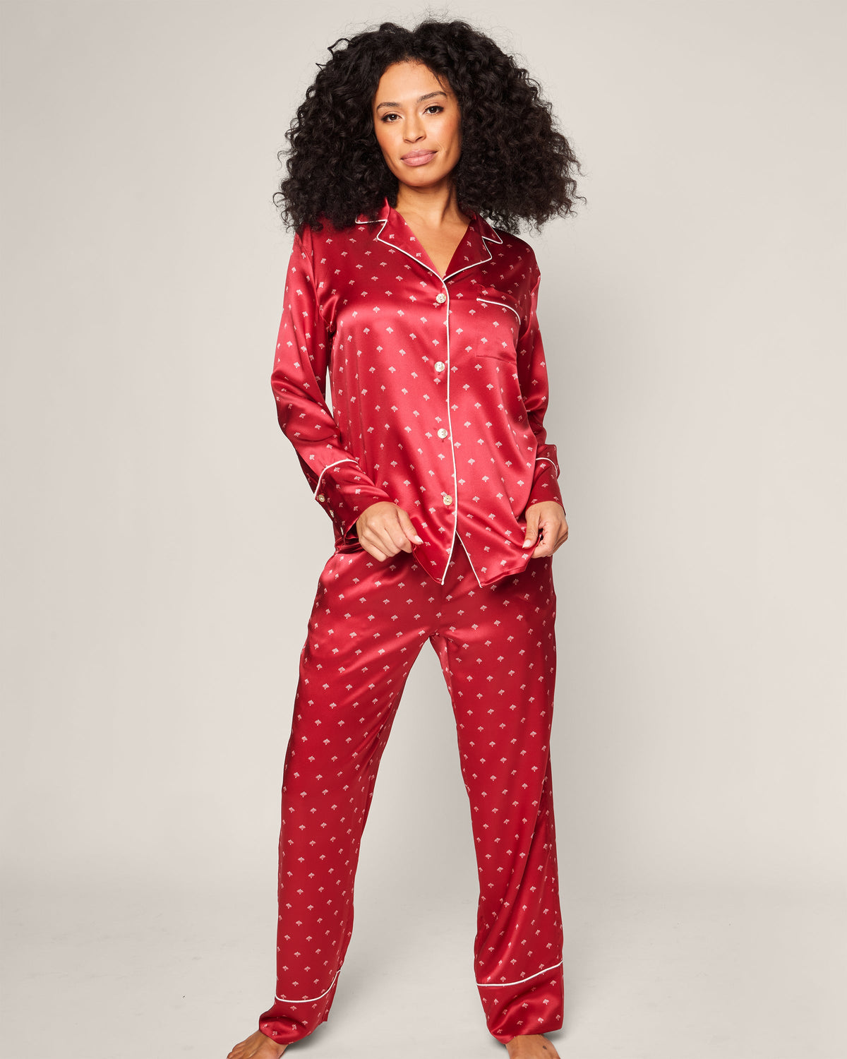 Front view of Bordeaux Art Nouveau Silk Pajama Set showcasing white piping on a model against a neutral background