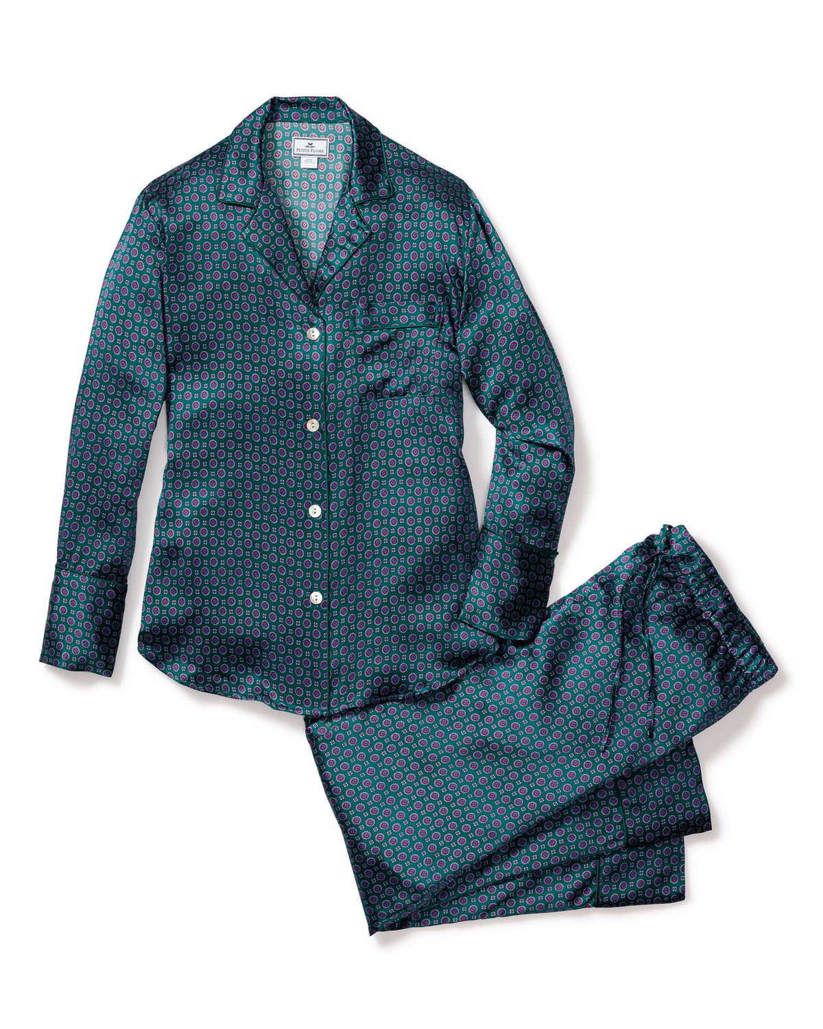 Front view of Women’s Silk Pajama Set in Emerald Foulard with piped shirt, pockets, and matching pants on white