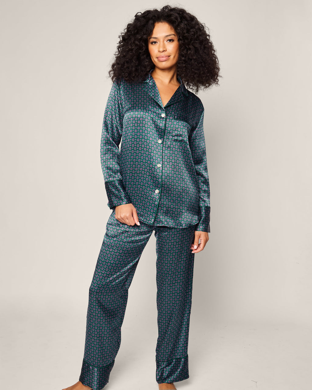 Women’s Silk Pajama Set in Emerald Foulard