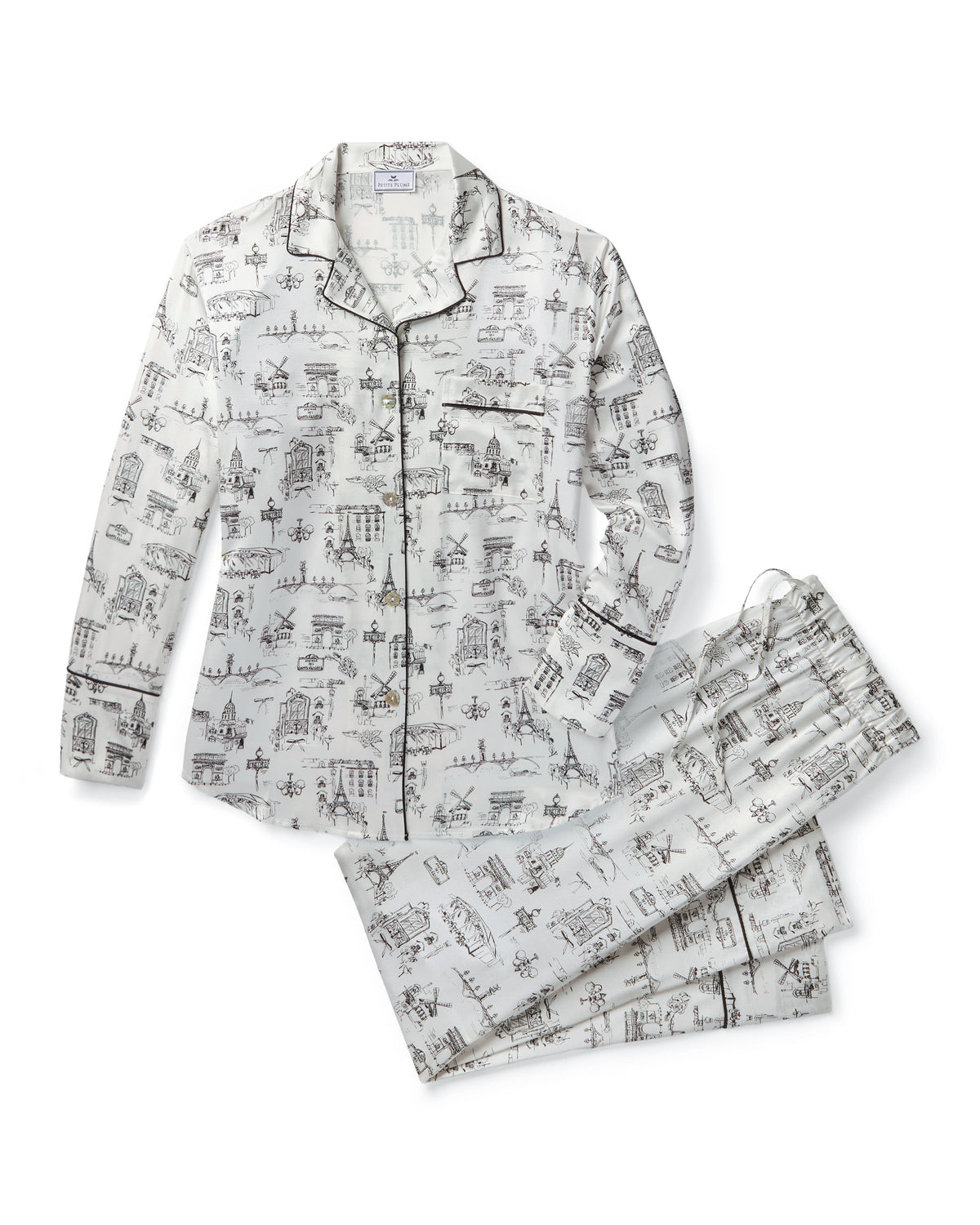 Front view of Women’s Silk Pajama Set in Parisian Toile showcasing long sleeves, tailored piping, and breast pocket on a white background