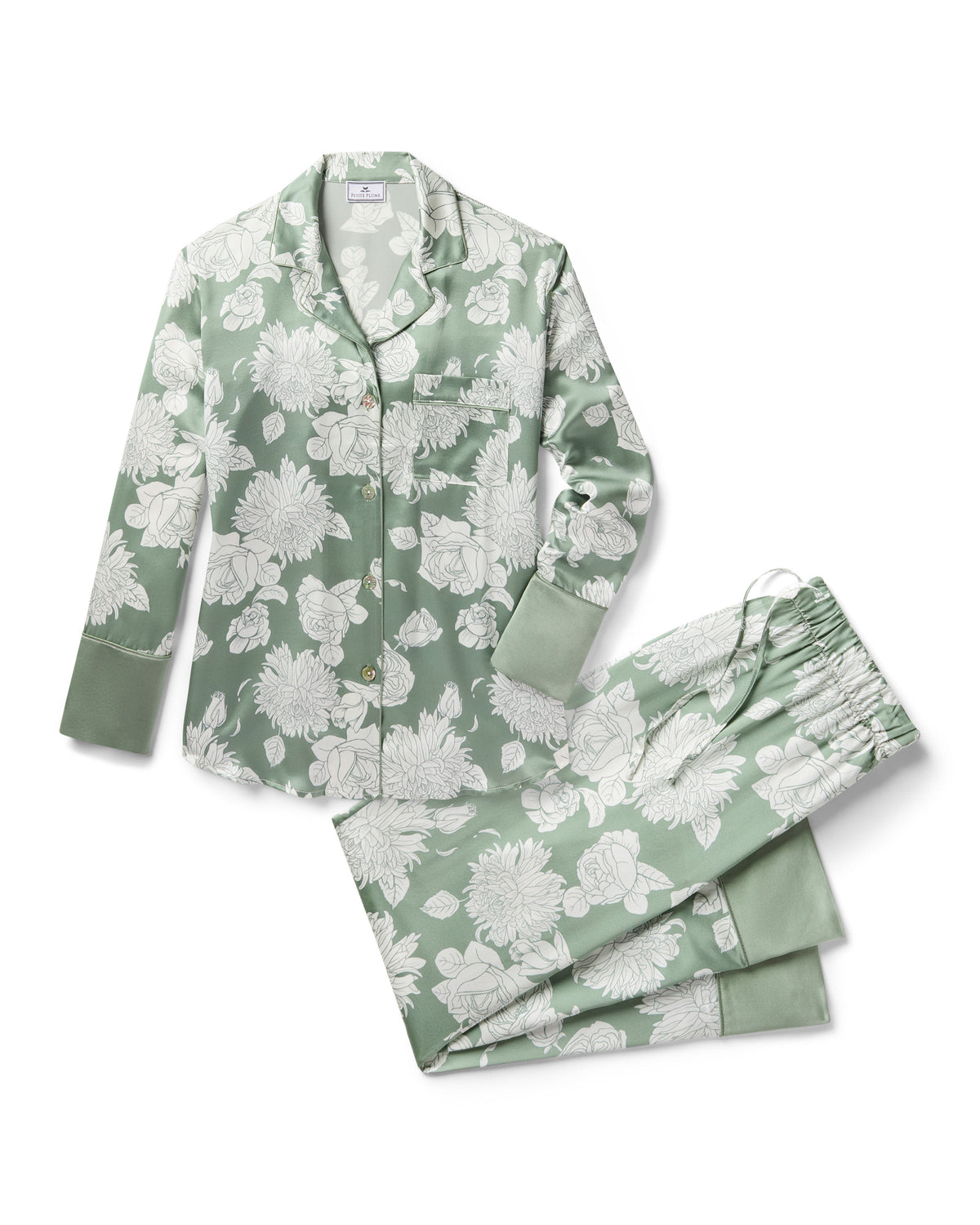 Flat lay of Women’s Silk Pajama Set in Sage Bloom showcasing sage and white chrysanthemum and rose floral print