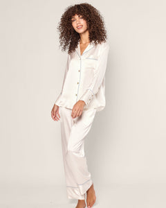 Women’s Silk Pajama Set White with Periwinkle Piping