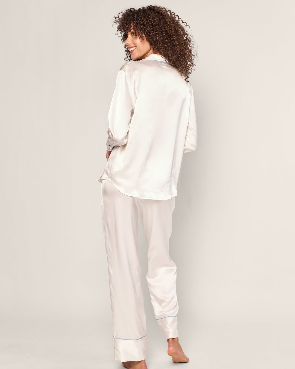 Women’s Silk Pajama Set White with Periwinkle Piping