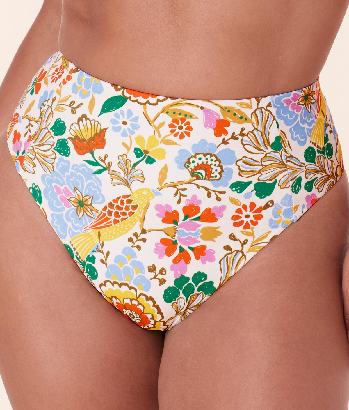 Close-up of Andie Swim High Waist Cheeky Bikini Bottom in colorful Bird Floral print, crafted from sustainable eco nylon.