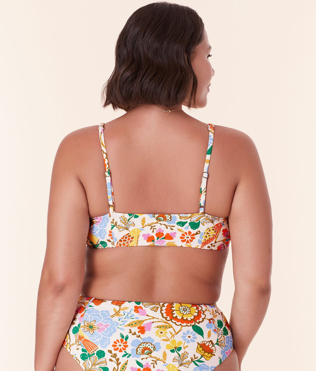 Back view of Andie Swim's Havana Bikini Top in Bird Floral print, featuring adjustable straps and a comfortable eco nylon fit.