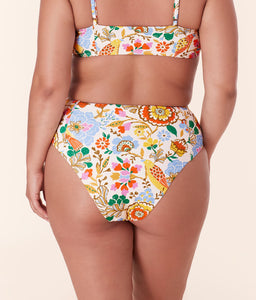 Andie Swim High Waist Cheeky Bikini Bottom in Bird Floral print, eco nylon, featuring high leg cut and cheeky coverage.