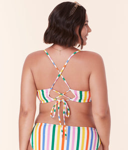 Back view of Andie Swim's Fiji Bikini Top in Rainbow Stripe, showcasing the stylish criss-cross back straps and tie closure for added support.