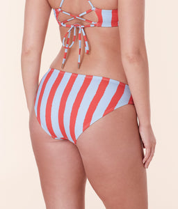 Andie Swim Classic Bikini Bottom in Candy Stripe, highlighting the eco-friendly fabric and flattering medium coverage.